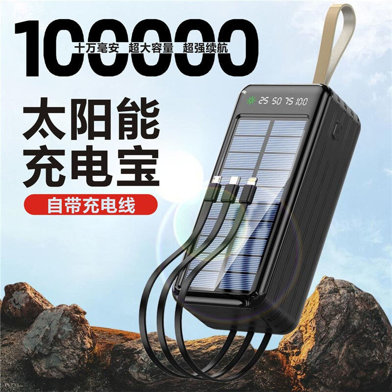 100000mAh Solar Power Bank by The Grand General, Best for High-capacity and Fast Charging in Outdoor Live Streaming, Black Built-in Cable, Solar Standard Version