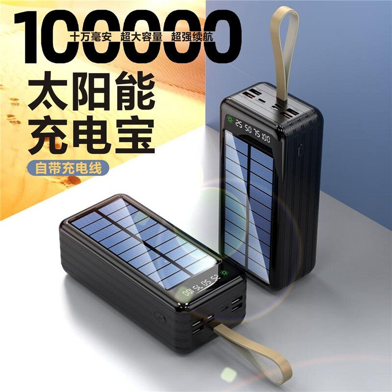 100000mAh Solar Power Bank by The Grand General, Best for High-capacity and Fast Charging in Outdoor Live Streaming, Black Built-in Cable, Solar Standard Version