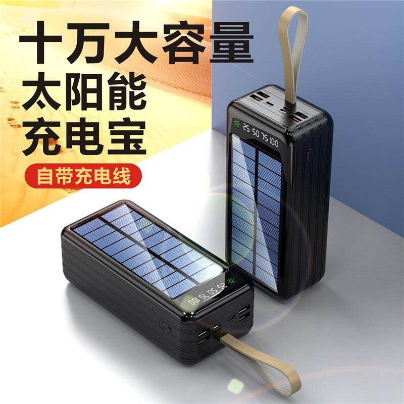 100000mAh Solar Power Bank by The Grand General, Best for High-capacity and Fast Charging in Outdoor Live Streaming, Black Built-in Cable, Solar Standard Version